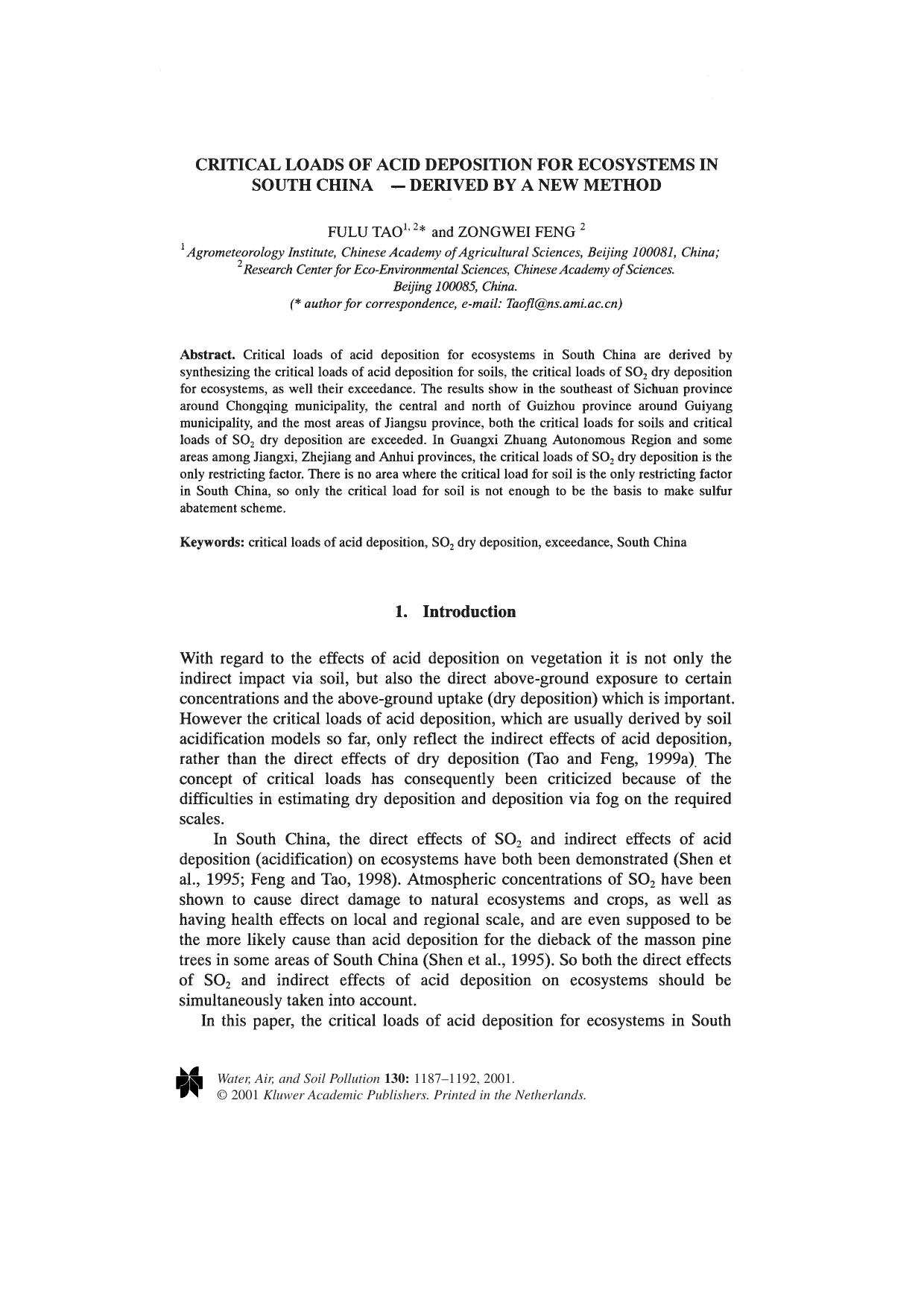Critical Loads of Acid Deposition for Ecosystems in South China &#x2014; Derived by a New Method by Unknown
