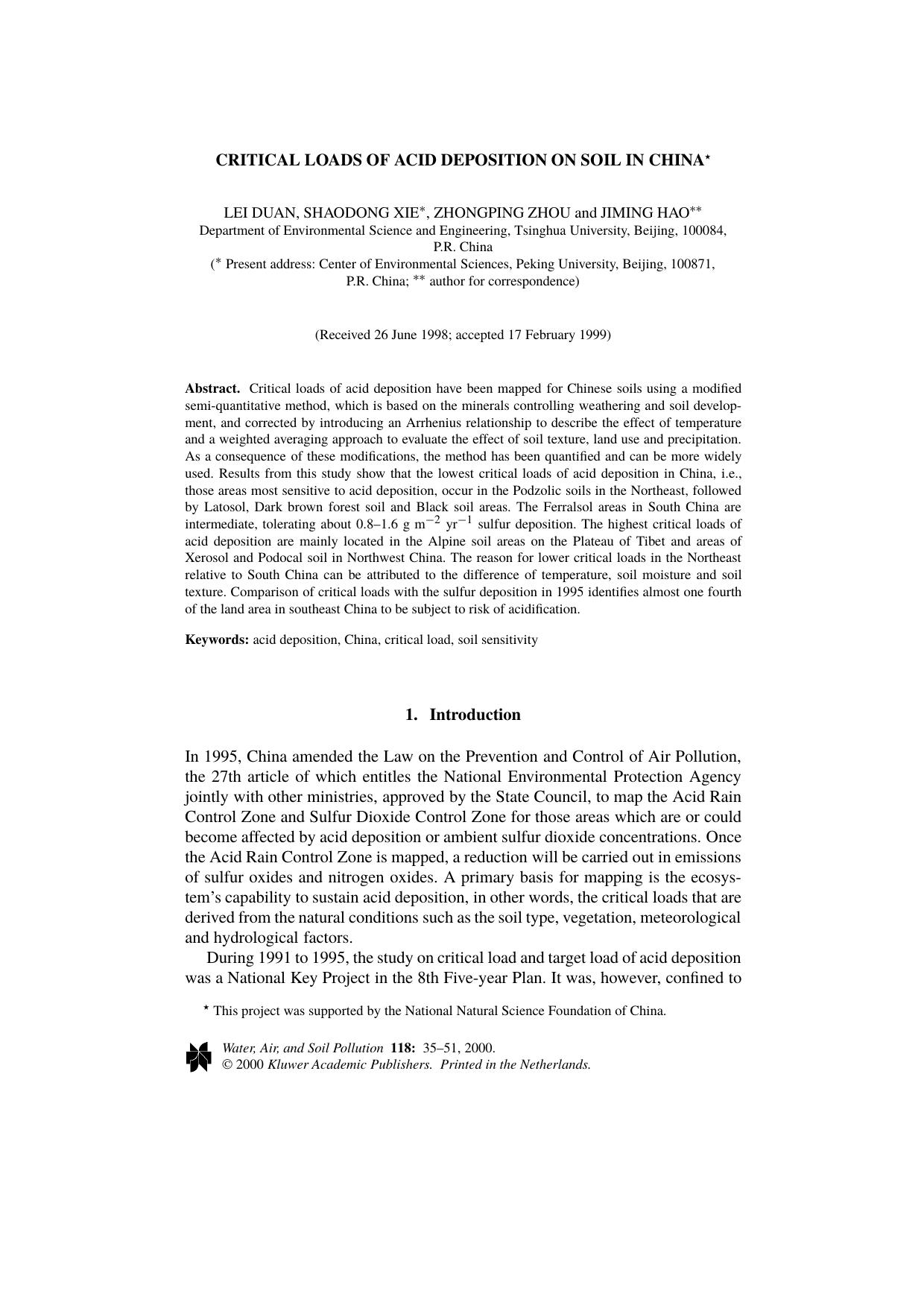 Critical Loads of Acid Deposition on Soil in China by Unknown