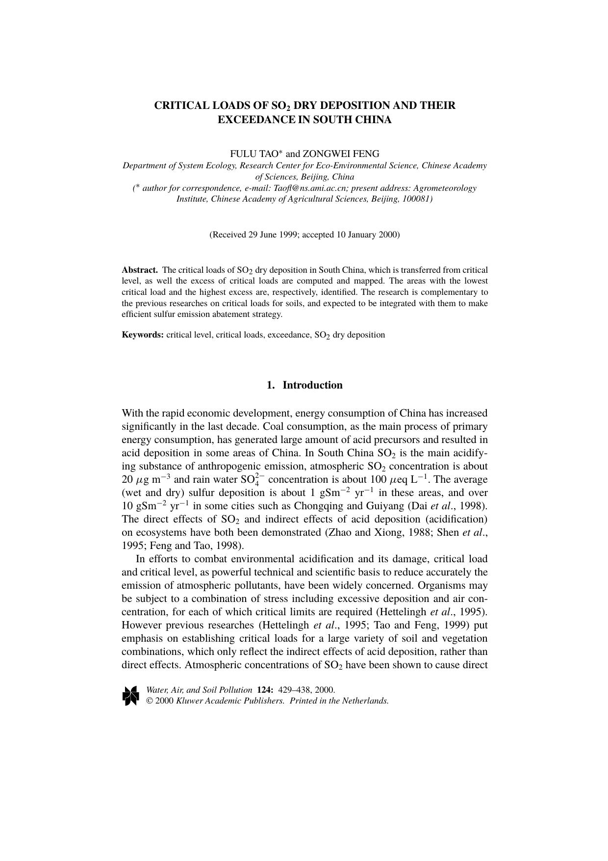 Critical Loads of SO2 Dry Deposition and Their Exceedance in South China by Unknown