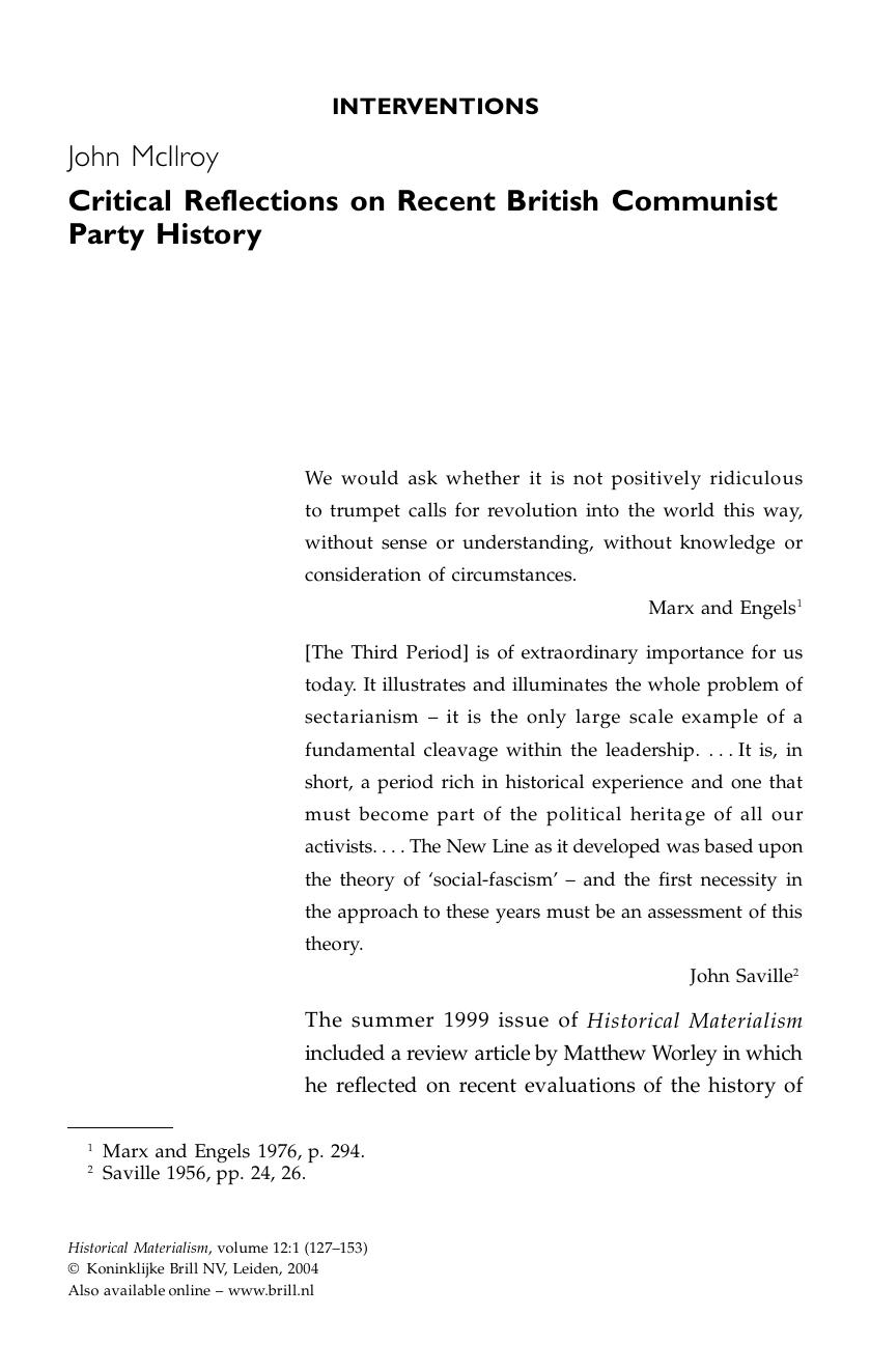 Critical Reflections on Recent British Communist Party History by Critical Reflections on Recent British Communist Party History