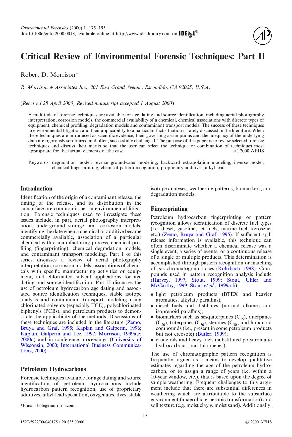 Critical Review of Environmental Forensic Techniques: Part II by Morrison R. D
