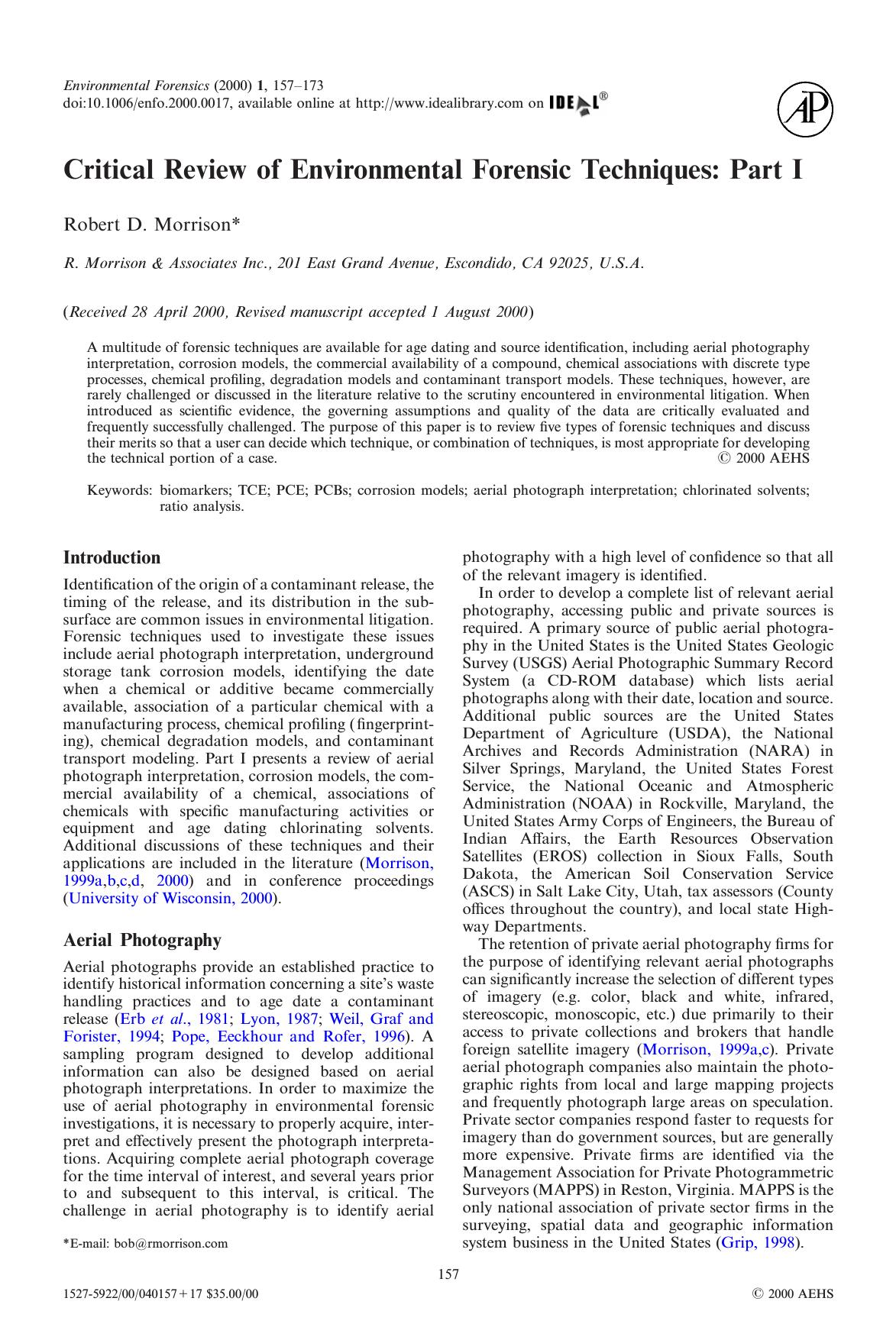 Critical Review of Environmental Forensics Techniques: Part I by Morrison R. D