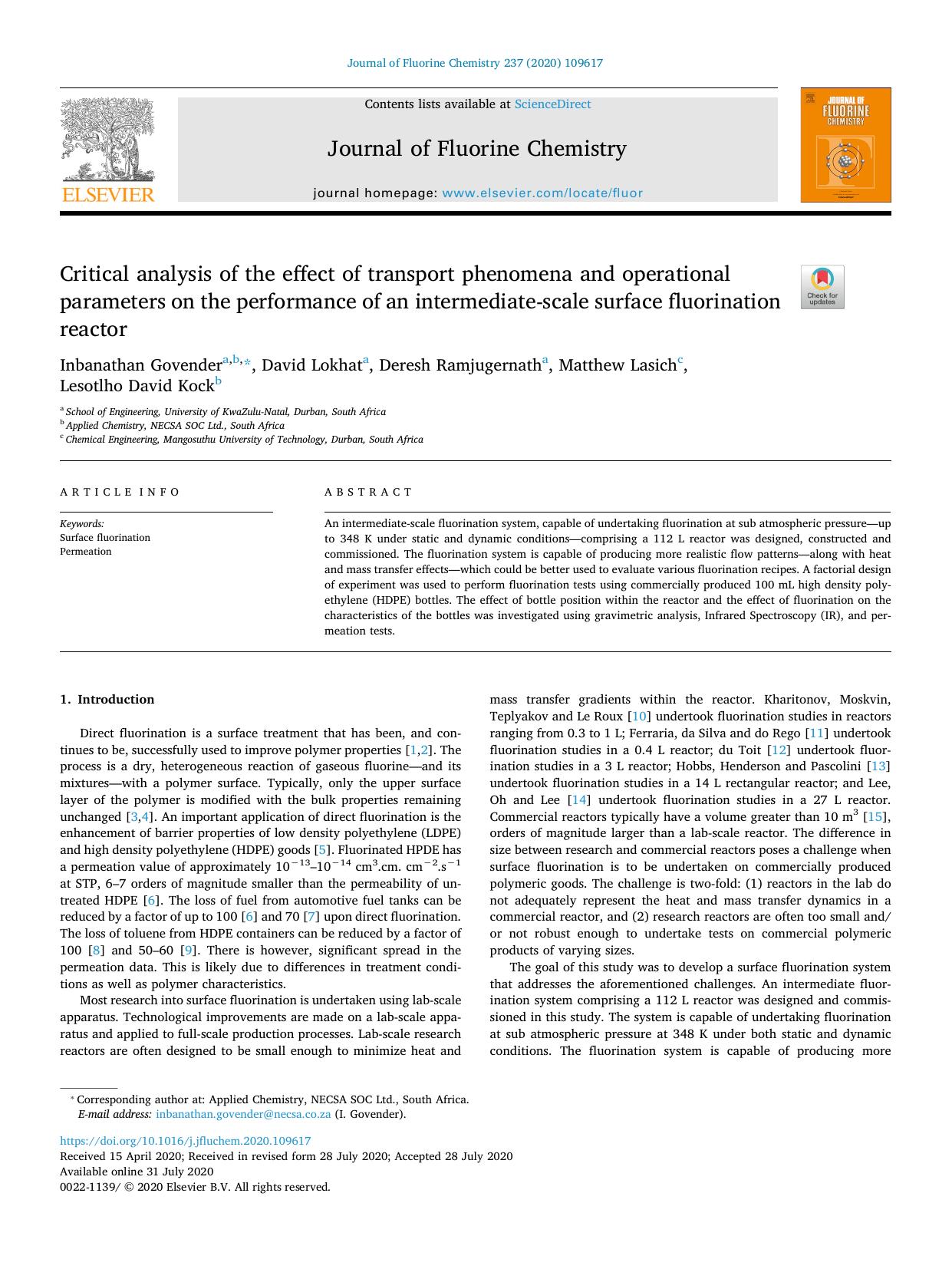 Critical analysis of the effect of transport phenomena and operational parameters on the performance of an intermediate-scale surface fluorination reactor by Inbanathan Govender & David Lokhat & Deresh Ramjugernath & Matthew Lasich & Lesotlho David Kock