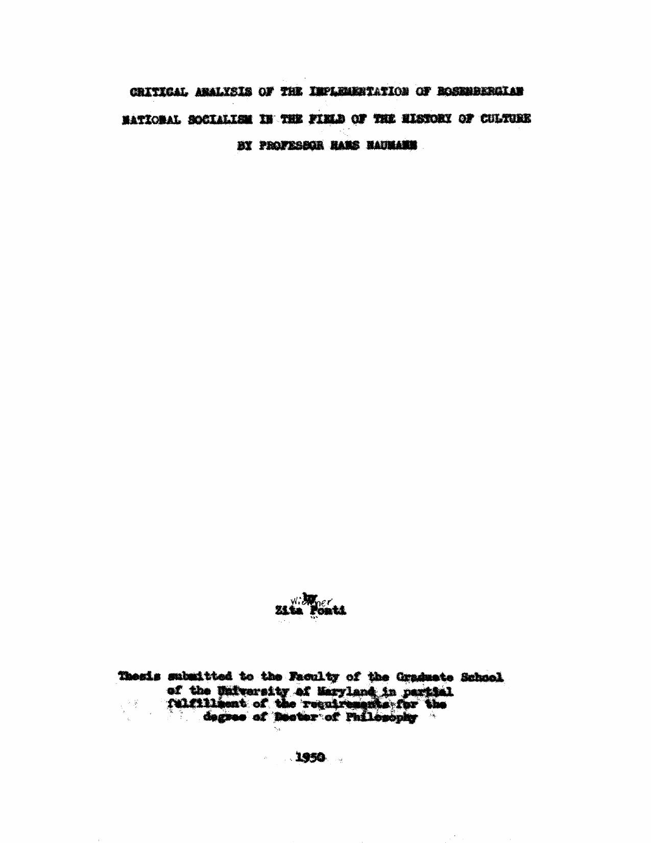Critical analysis of the implementation of Rosenbergian national socialism in the field of the history of culture by Professor Hans Naumann by Ponti Zita Wichner