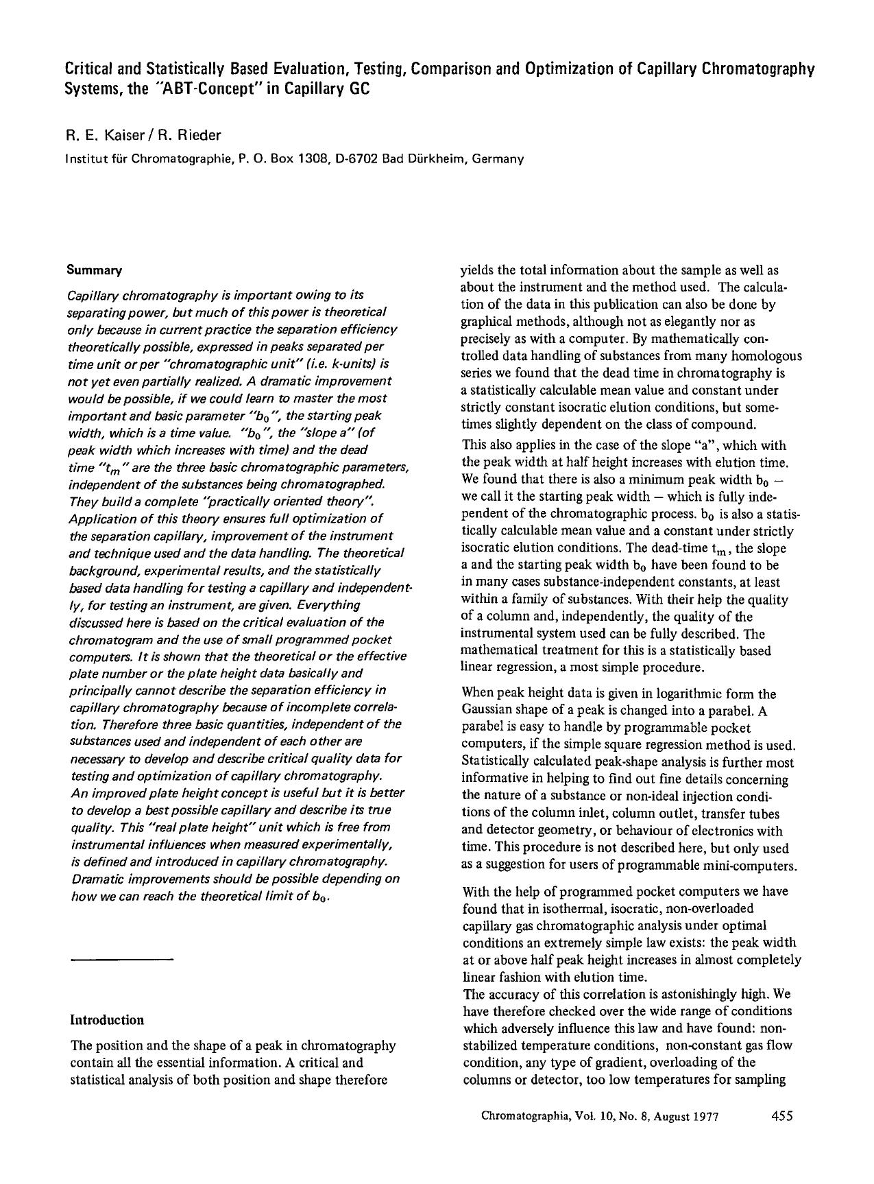 Critical and statistically based evaluation, testing, comparison and optimization of capillary chromatography systems, the “ABT-concept” in capillary GC by Unknown