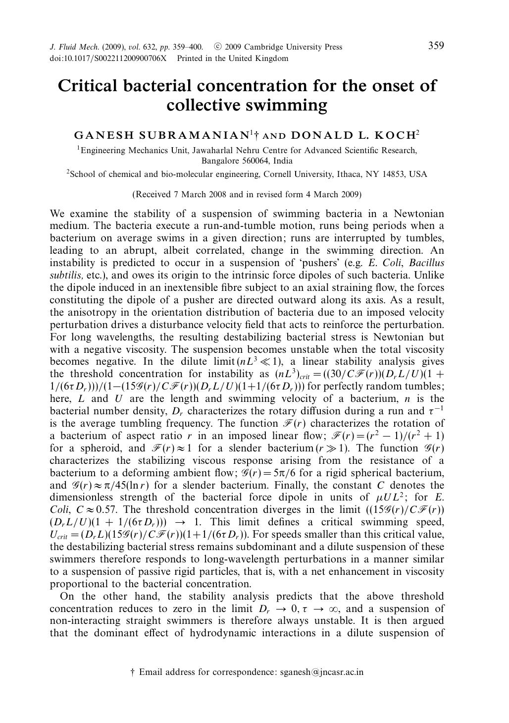 Critical bacterial concentration for the onset of collective swimming by GANESH SUBRAMANIAN DONALD L. KOCH