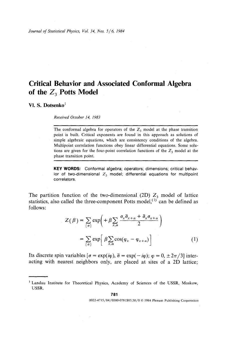 Critical behavior and associated conformal algebra of the Z <Subscript>3 <Subscript> potts model by Unknown