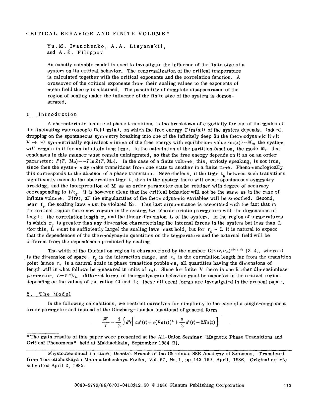 Critical behavior and finite volume by Unknown