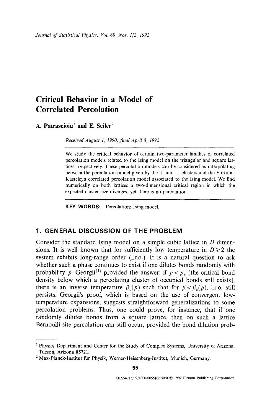Critical behavior in a model of correlated percolation by Unknown
