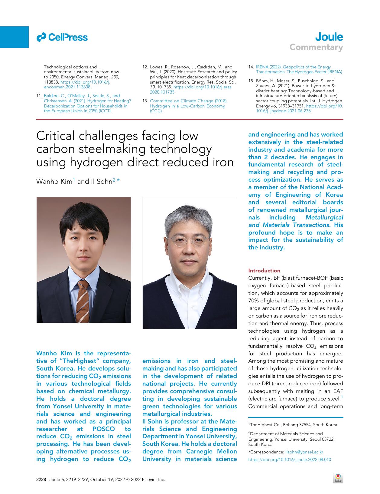 Critical challenges facing low carbon steelmaking technology using hydrogen direct reduced iron by Wanho Kim & Il Sohn