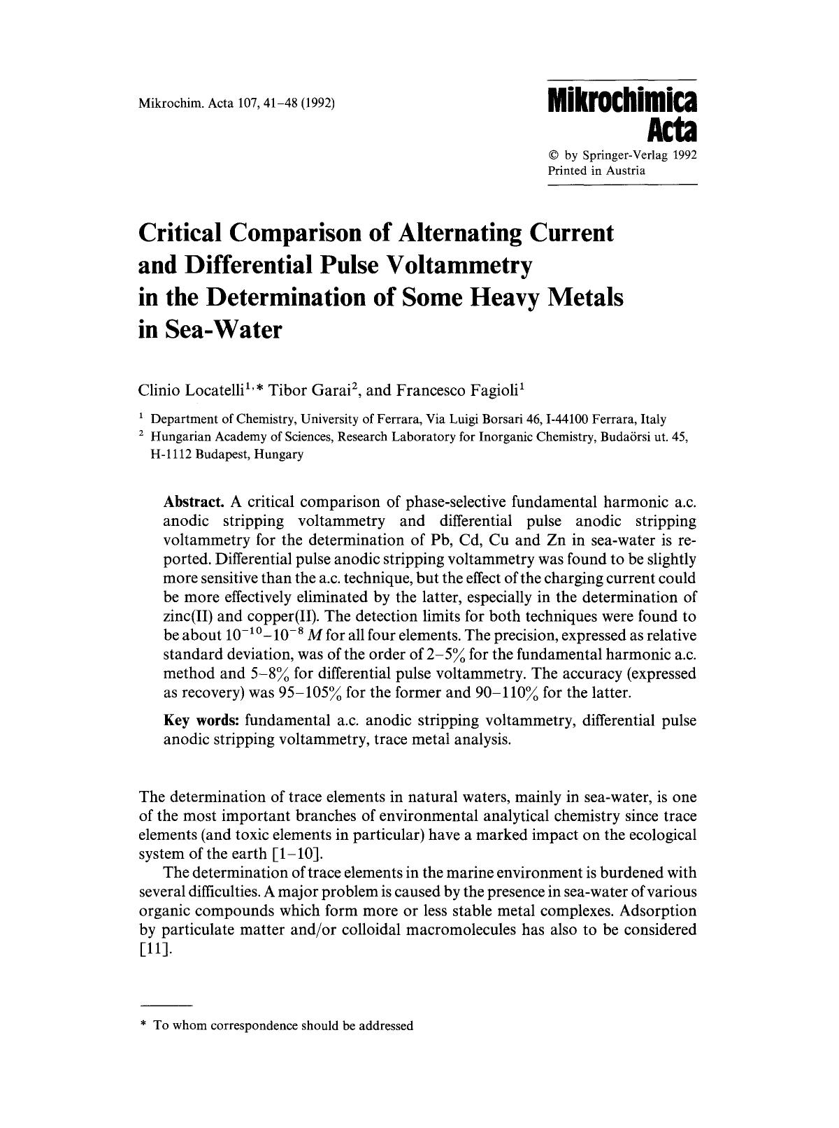Critical comparison of alternating current and differential pulse voltammetry in the determination of some heavy metals in sea-water by Unknown