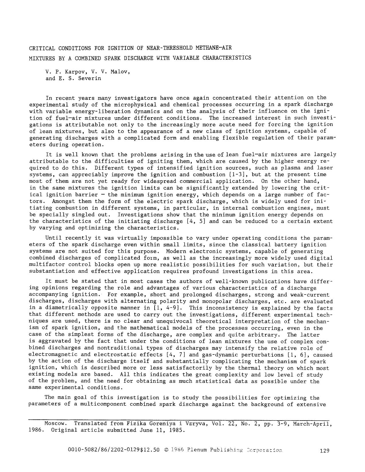 Critical conditions for ignition of near-threshold methane-air mixtures by a combined spark discharge with variable characteristics by Unknown