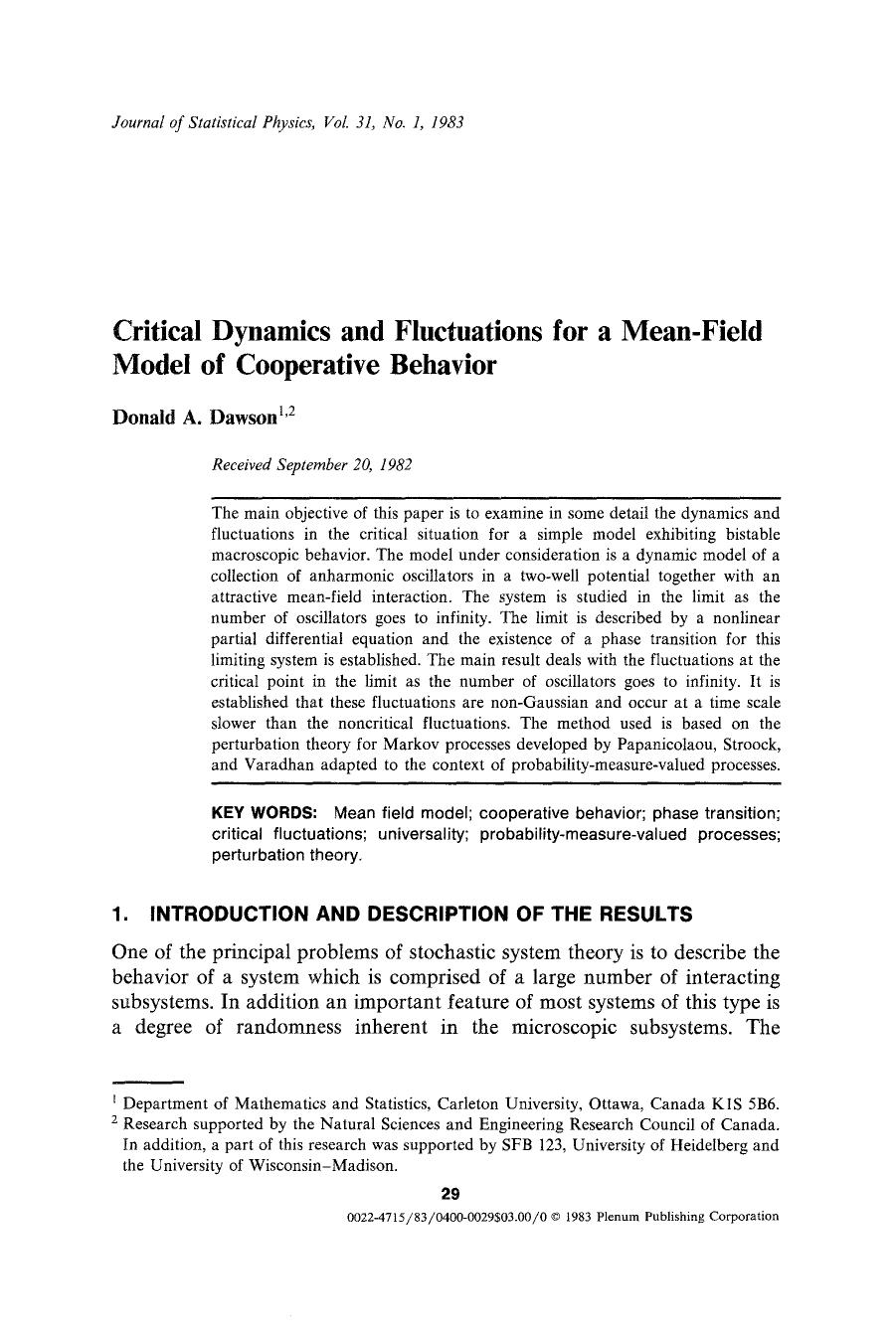 Critical dynamics and fluctuations for a mean-field model of cooperative behavior by Unknown