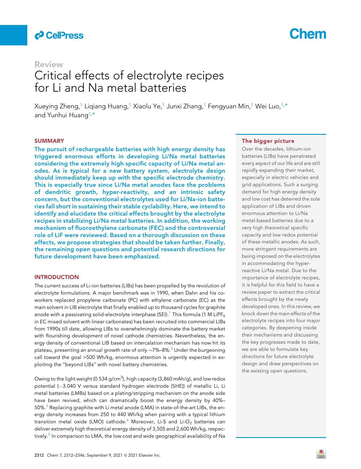 Critical effects of electrolyte recipes for Li and Na metal batteries by Xueying Zheng & Liqiang Huang & Xiaolu Ye & Junxi Zhang & Fengyuan Min & Wei Luo & Yunhui Huang