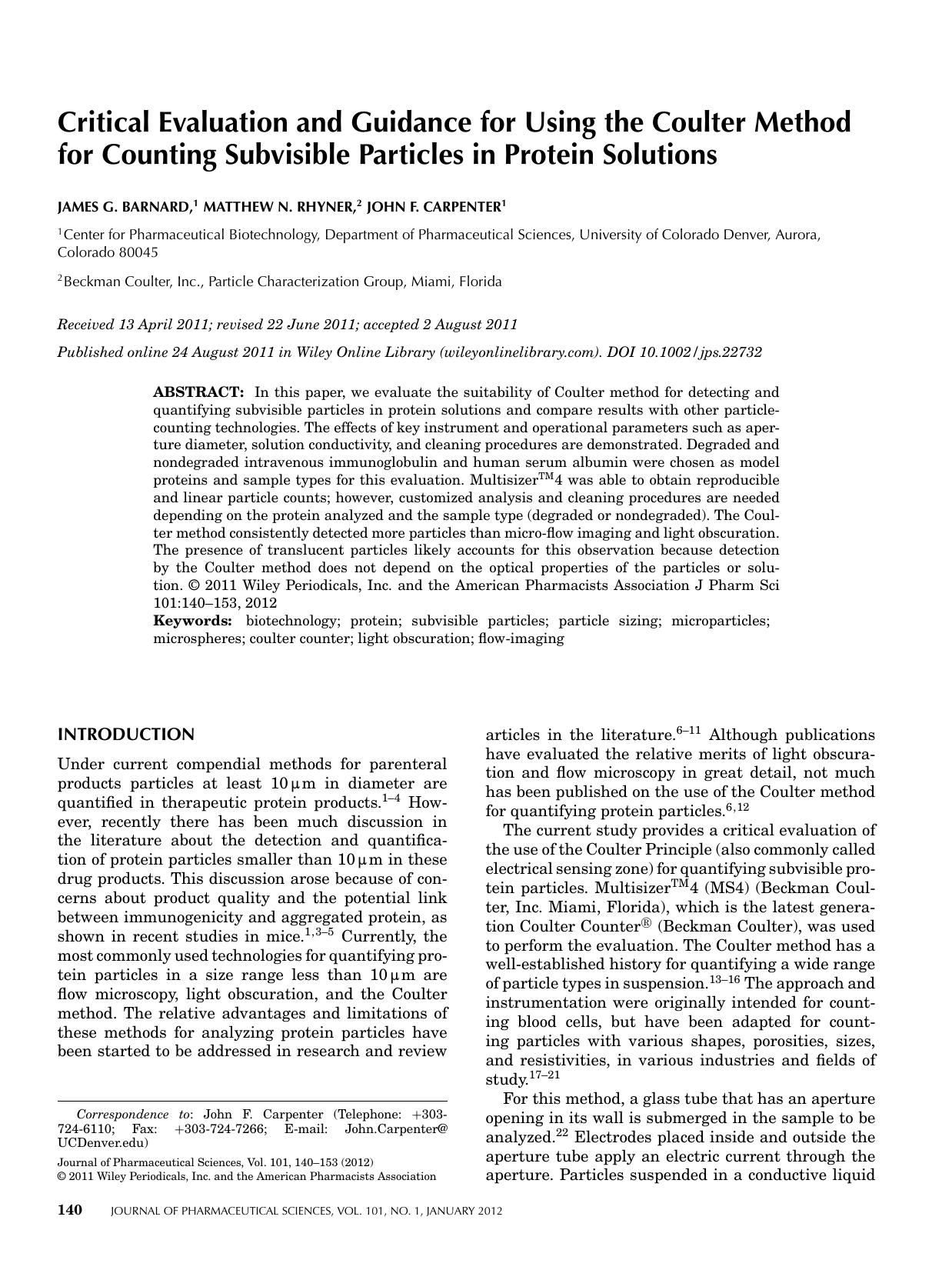 Critical evaluation and guidance for using the coulter method for counting subvisible particles in protein solutions by Unknown