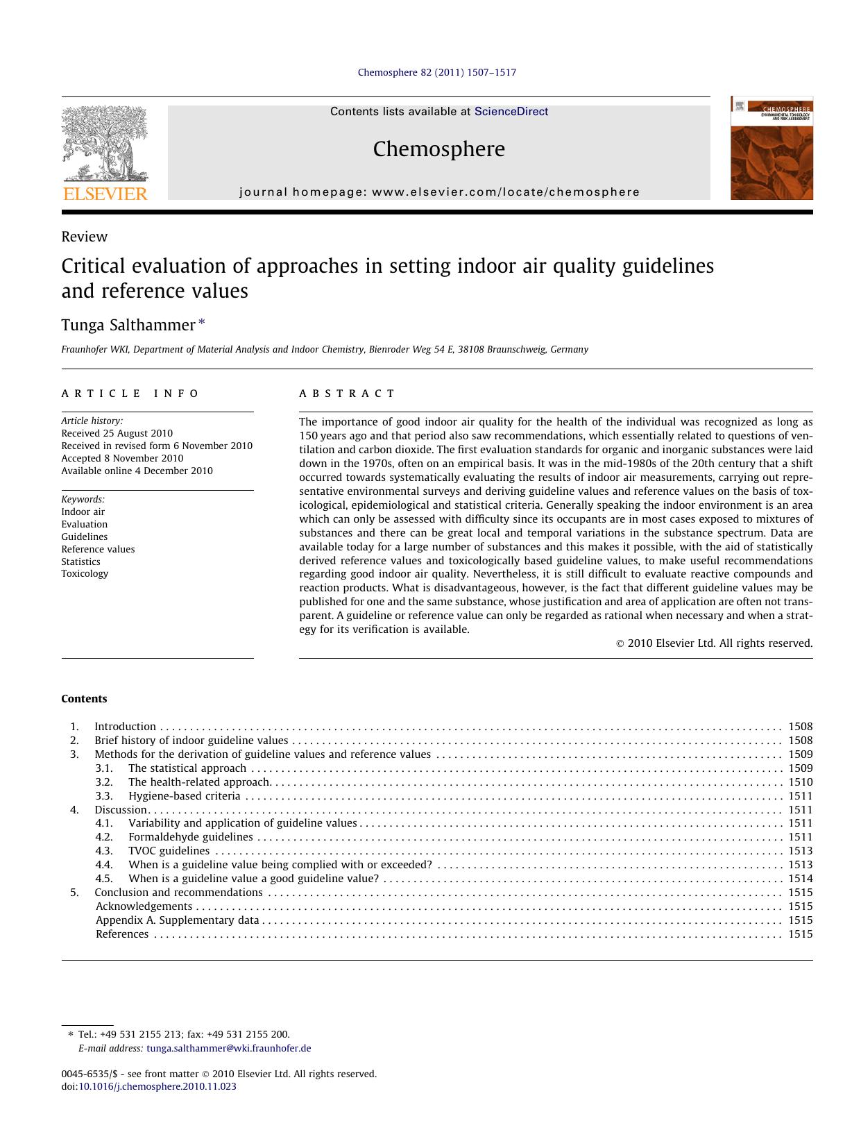 Critical evaluation of approaches in setting indoor air quality guidelines and reference values by Tunga Salthammer