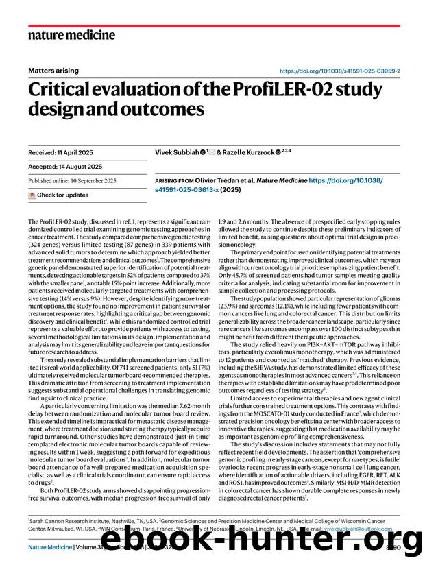 Critical evaluation of the ProfiLER-02 study design and outcomes by Vivek Subbiah & Razelle Kurzrock