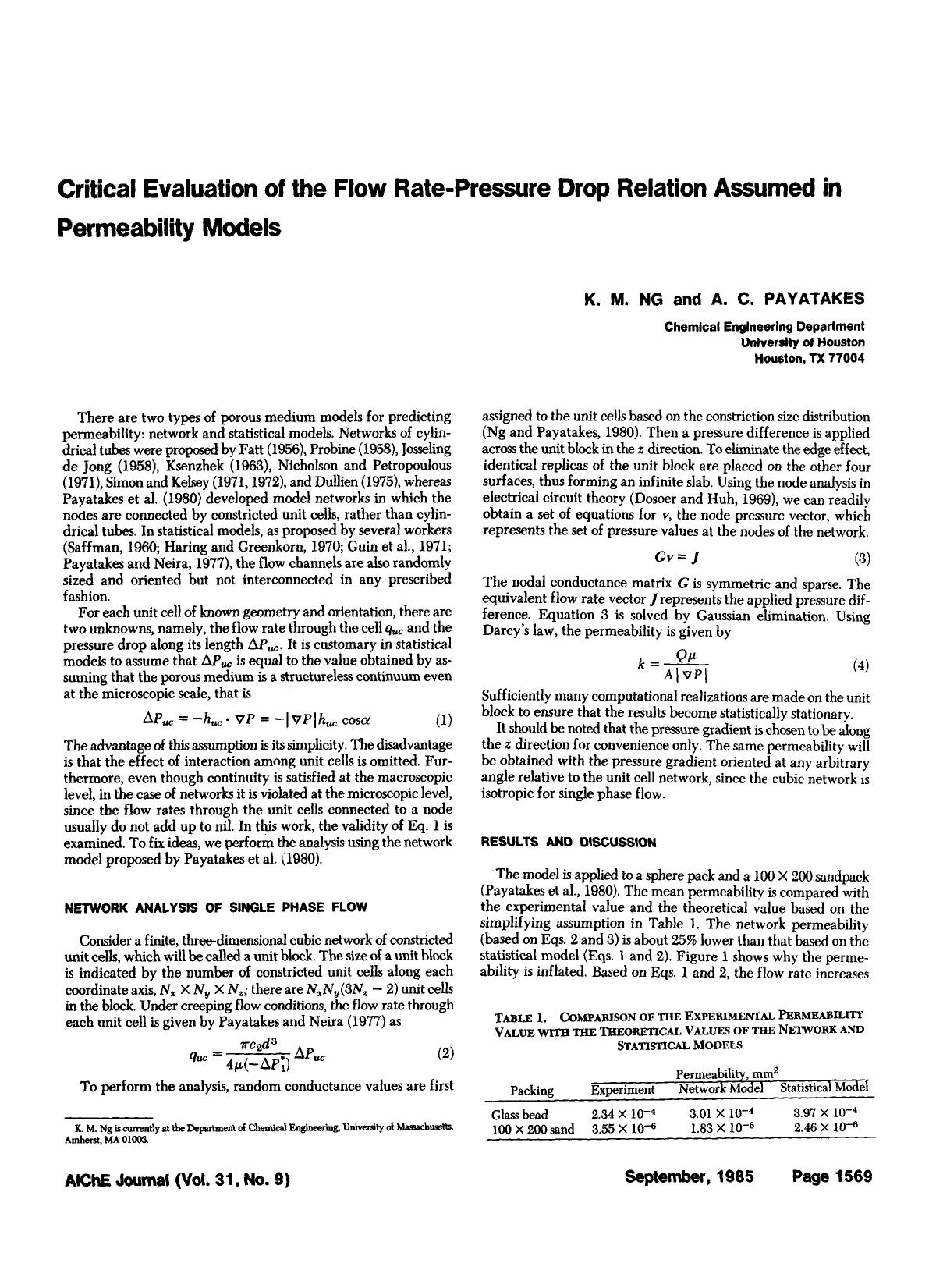 Critical evaluation of the flow rate-pressure drop relation assumed in permeability models by Unknown