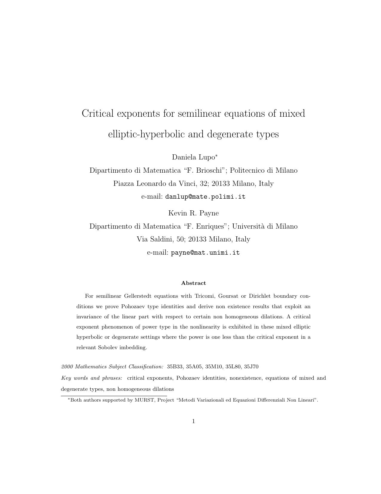 Critical exponents for semilinear equations of mixed elliptic-hyperbolic and degenerate types by Lupo D. Payne K.R