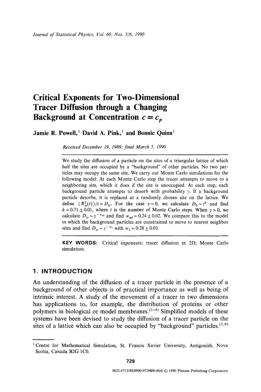 Critical exponents for two-dimensional tracer diffusion through a changing background at concentration <Emphasis Type="Italic">c&#x003D;c <Emphasis> <Subscript>p <Subscript> by Unknown