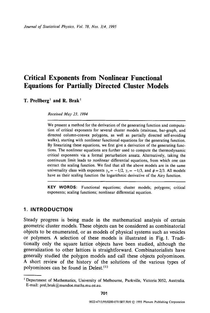 Critical exponents from nonlinear functional equations for partially directed cluster models by Unknown