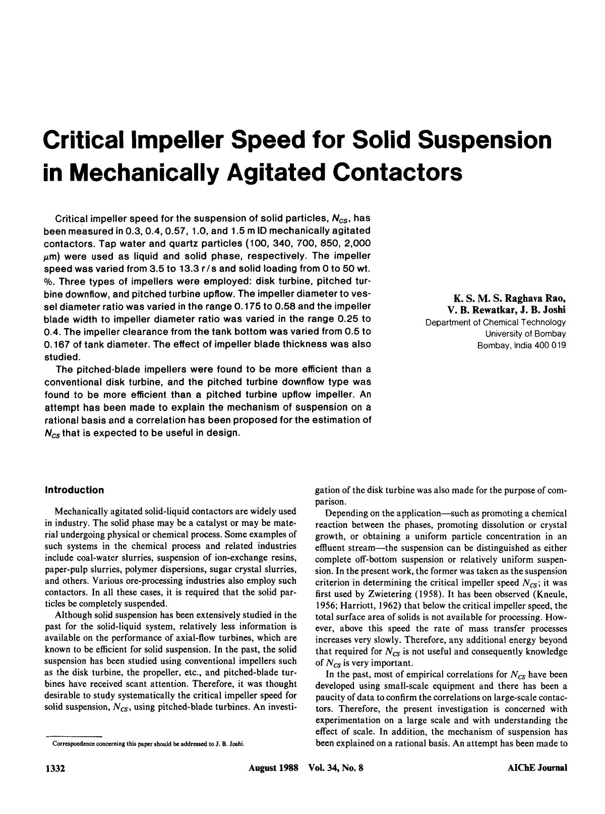 Critical impeller speed for solid suspension in mechanically agitated contactors by Unknown