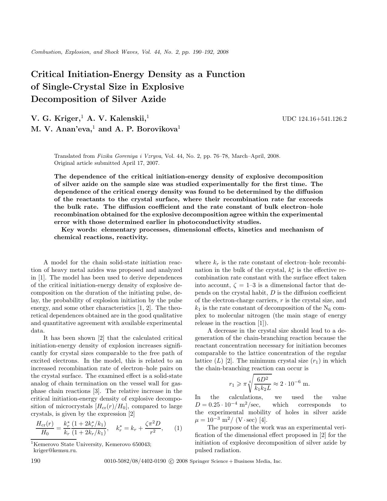 Critical initiation-energy density as a function of single-crystal size in explosive decomposition of silver azide by Unknown