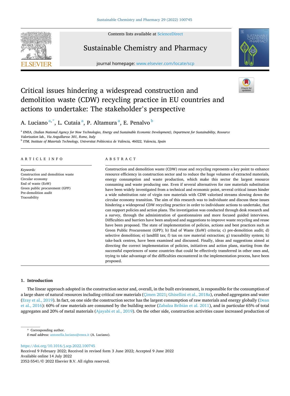 Critical issues hindering a widespread construction and demolition waste (CDW) recycling practice in EU countries and actions to undertake: The stakeholder's perspective by A. Luciano & L. Cutaia & P. Altamura & E. Penalvo