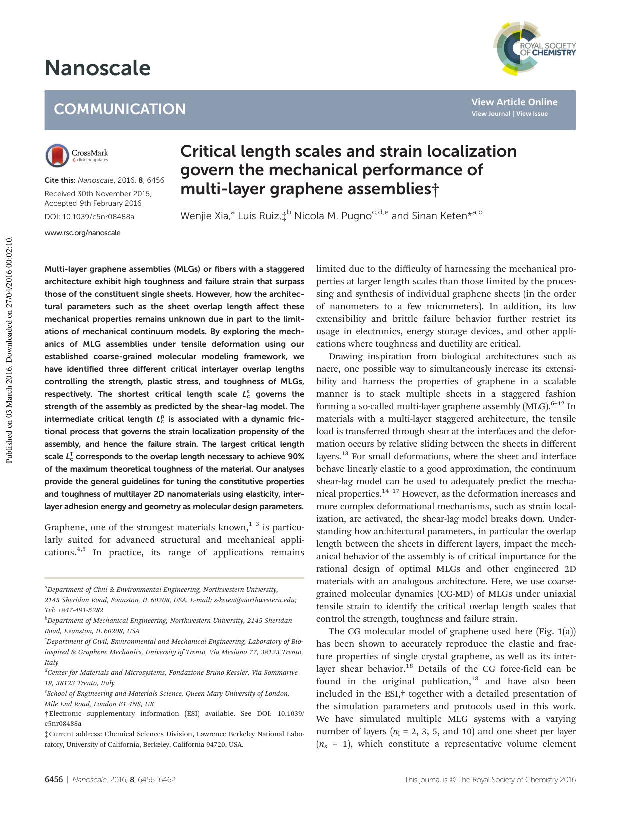 Critical length scales and strain localization govern the mechanical performance of multi-layer graphene assemblies by Wenjie Xia Luis Ruiz Nicola M. Pugno Sinan Keten