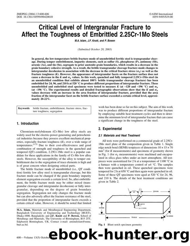 Critical level of intergranular fracture to affect the toughness of embrittled 2.25Cr-1Mo steels by Unknown