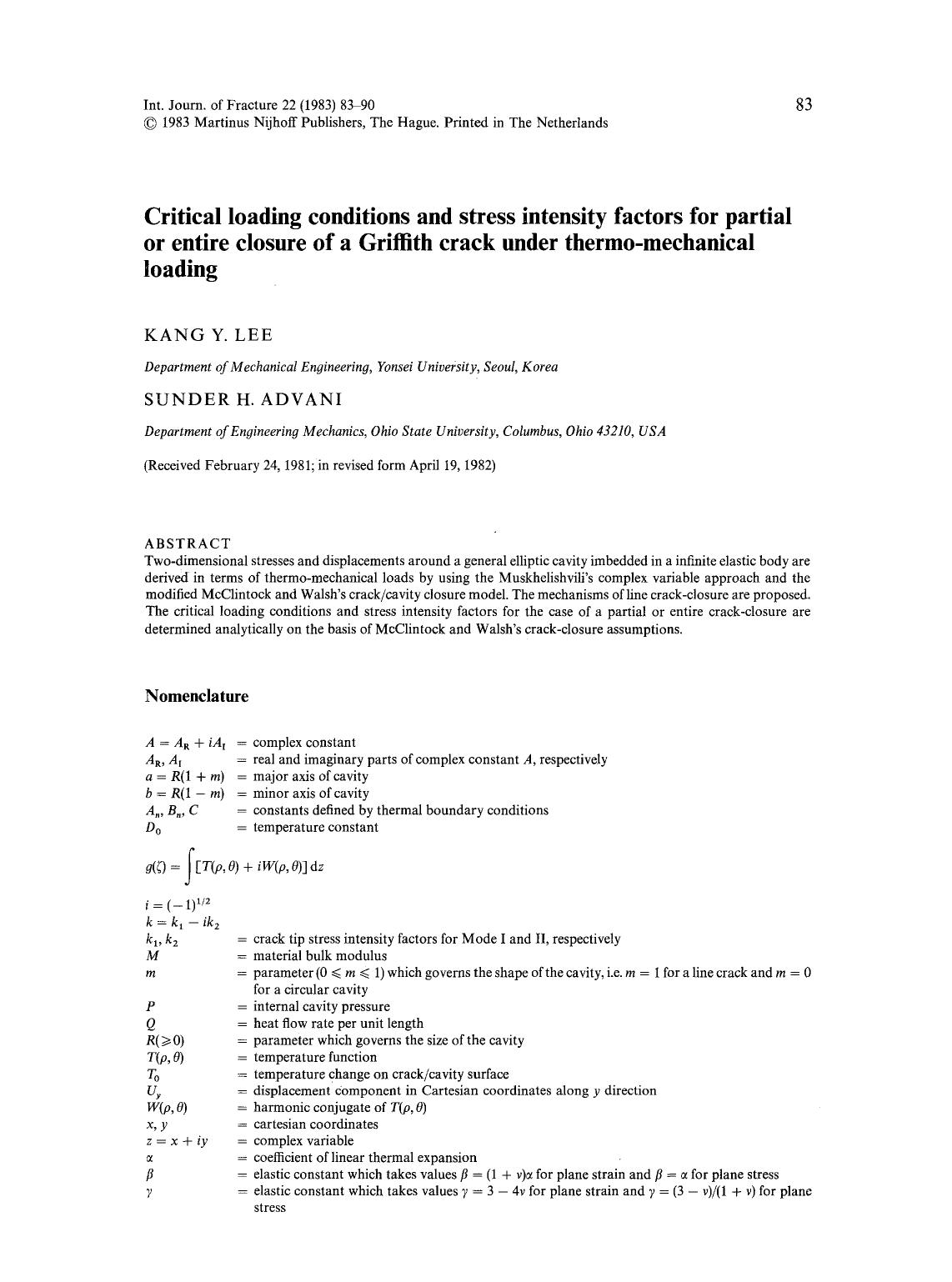Critical loading conditions and stress intensity factors for partial or entire closure of a Griffith crack under thermo-mechanical loading by Unknown