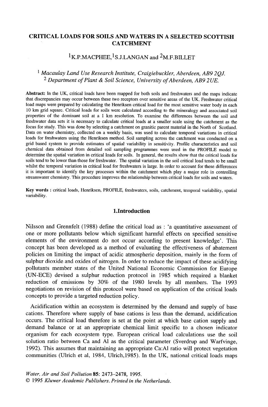 Critical loads for soils and waters in a selected Scottish catchment by Unknown