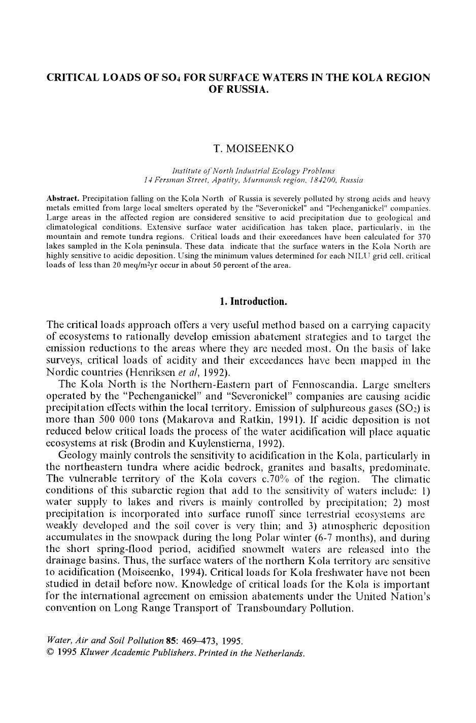 Critical loads of SO<Subscript>4<Subscript> for surface waters in the Kola region of Russia by Unknown