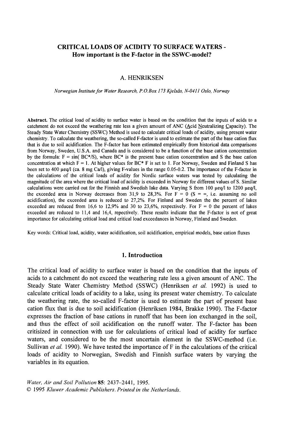 Critical loads of acidity to surface waters by Unknown