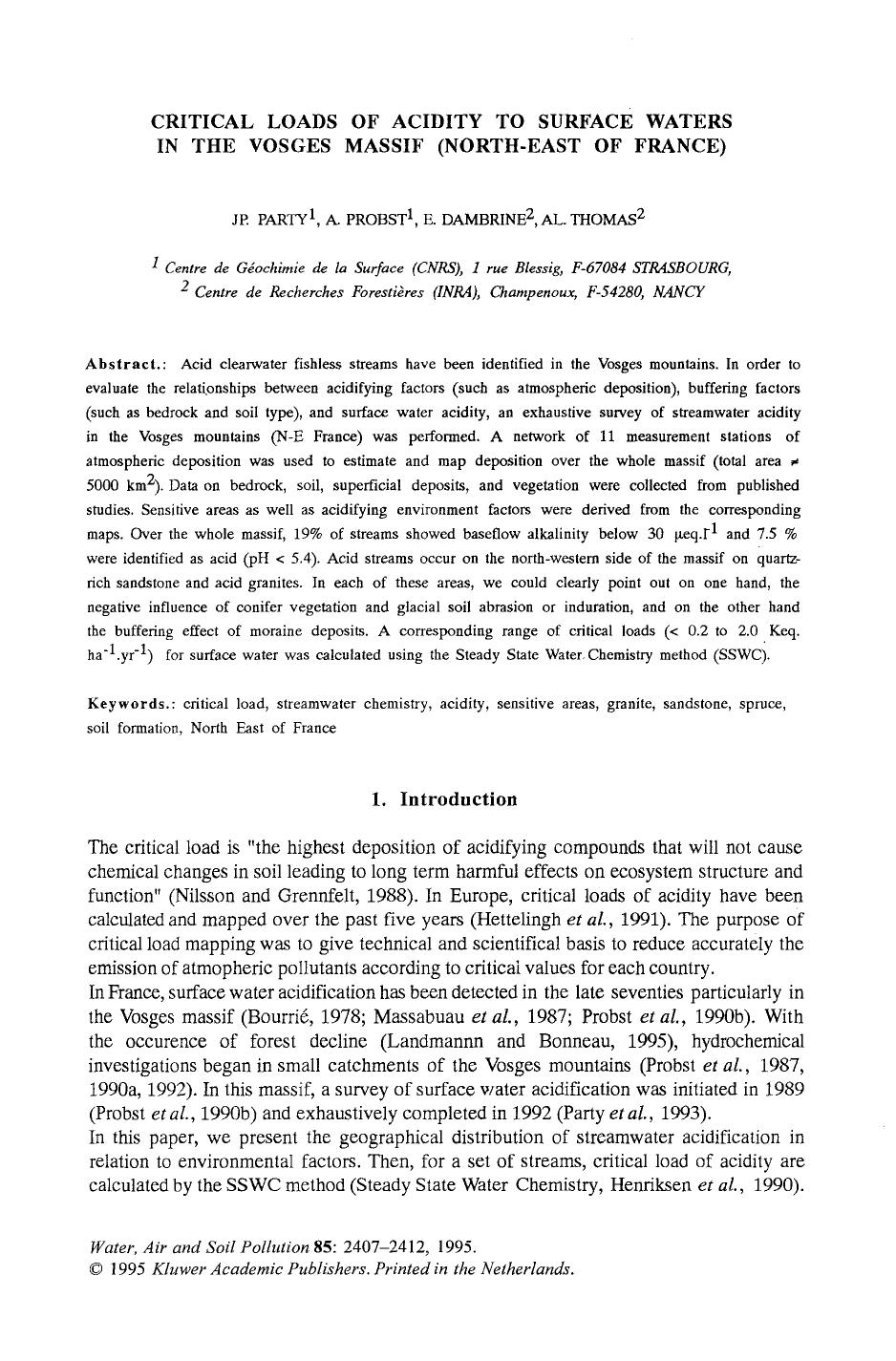 Critical loads of acidity to surface waters in the Vosges massif (north-east of France) by Unknown