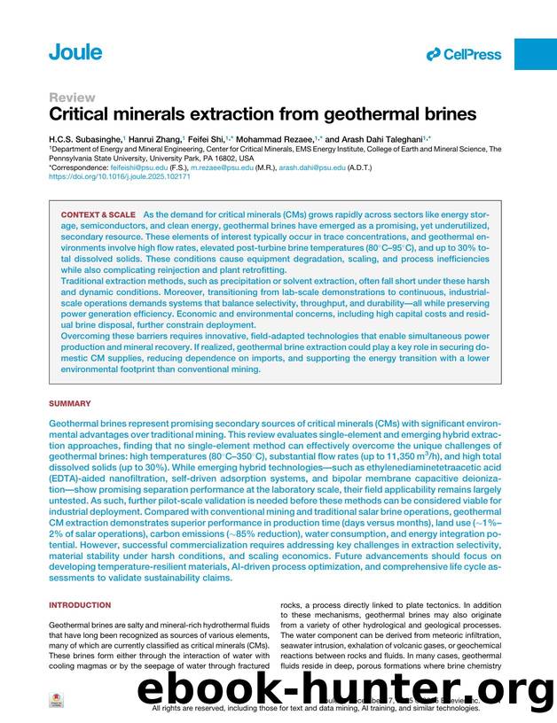 Critical minerals extraction from geothermal brines by H.C.S. Subasinghe & Hanrui Zhang & Feifei Shi & Mohammad Rezaee & Arash Dahi Taleghani