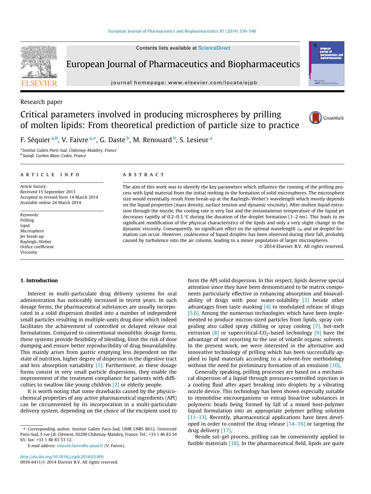 Critical parameters involved in producing microspheres by prilling of molten lipids: From theoretical prediction of particle size to practice by F. Séquier & V. Faivre & G. Daste & M. Renouard & S. Lesieur