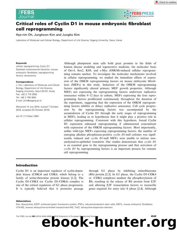Critical roles of Cyclin D1 in mouse embryonic fibroblast cell reprogramming by Unknown