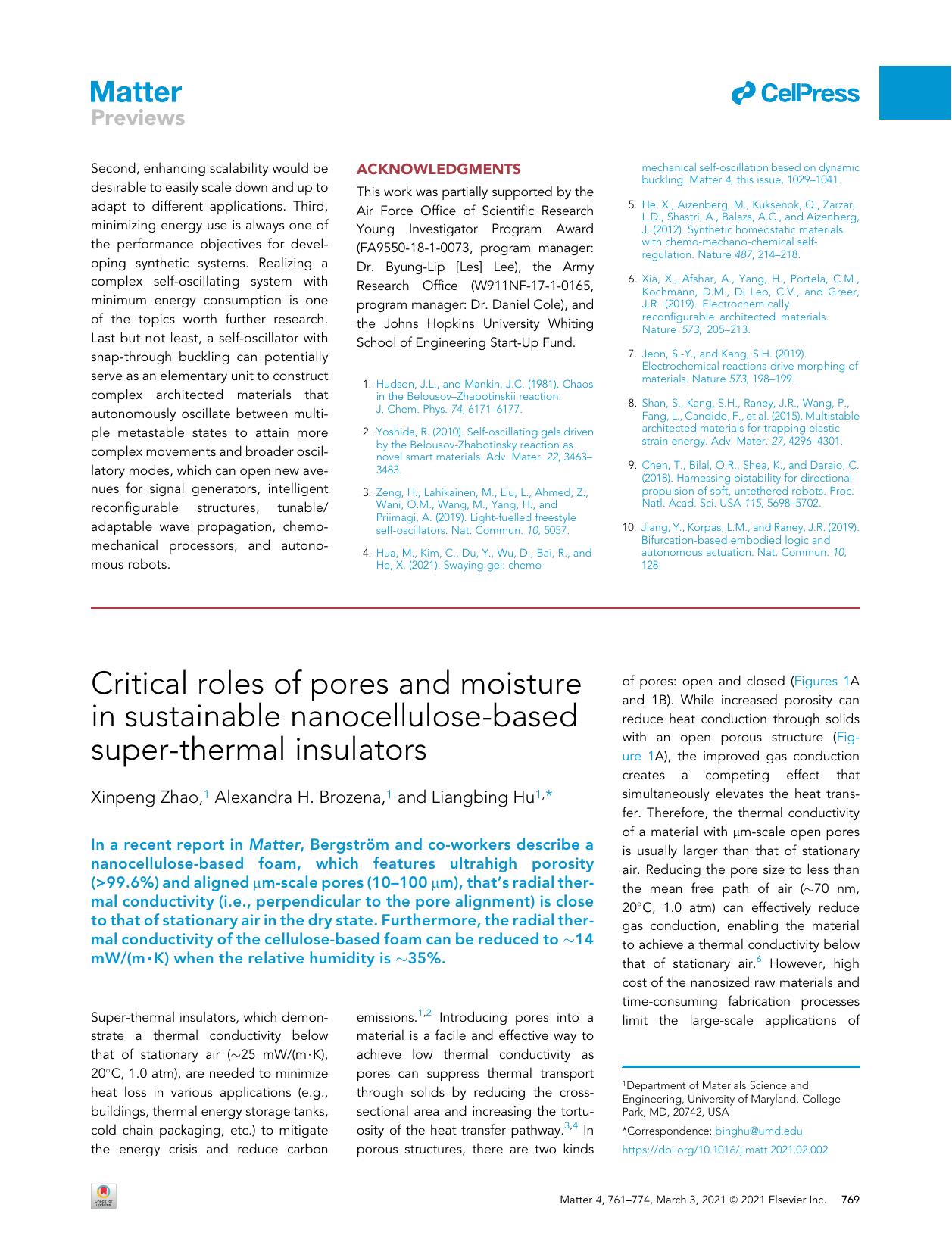 Critical roles of pores and moisture in sustainable nanocellulose-based super-thermal insulators by Xinpeng Zhao & Alexandra H. Brozena & Liangbing Hu