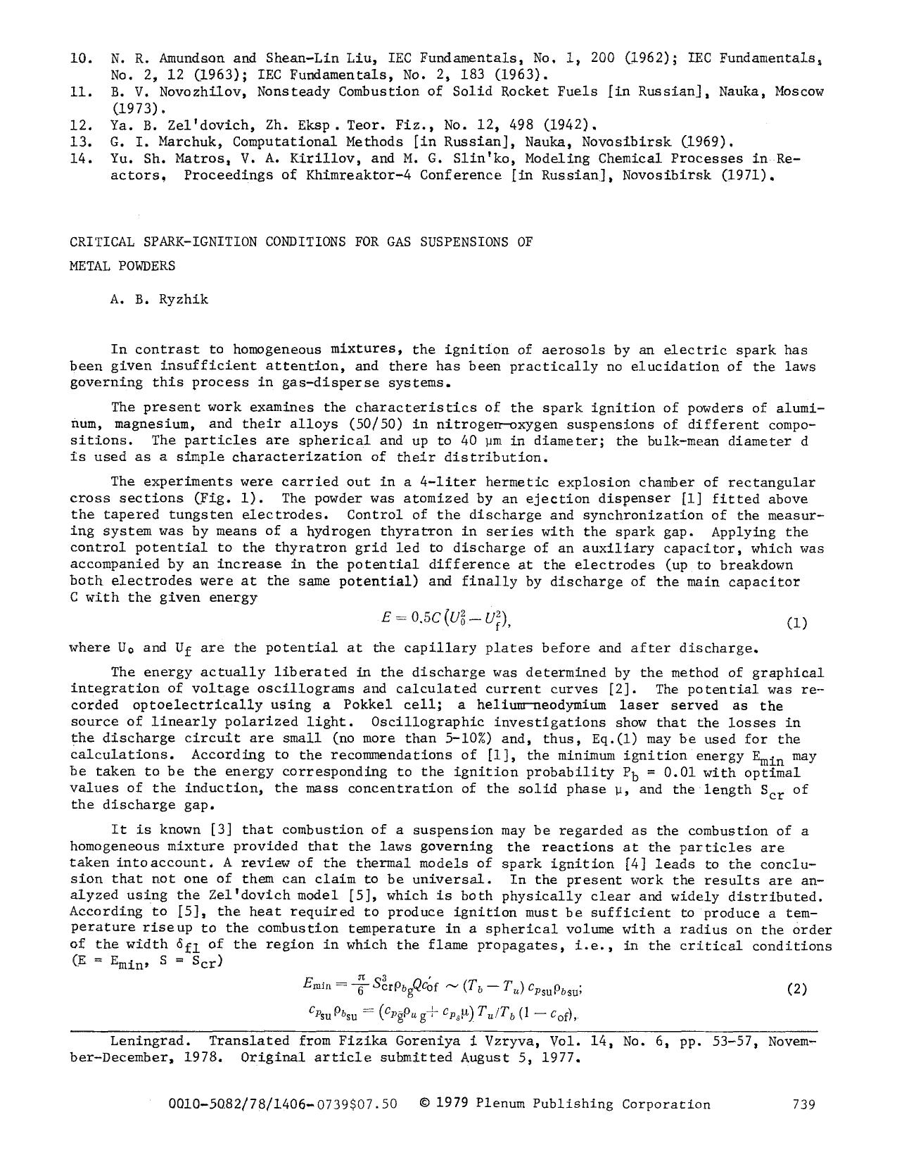 Critical spark-ignition conditions for gas susepensions of metal powders by Unknown