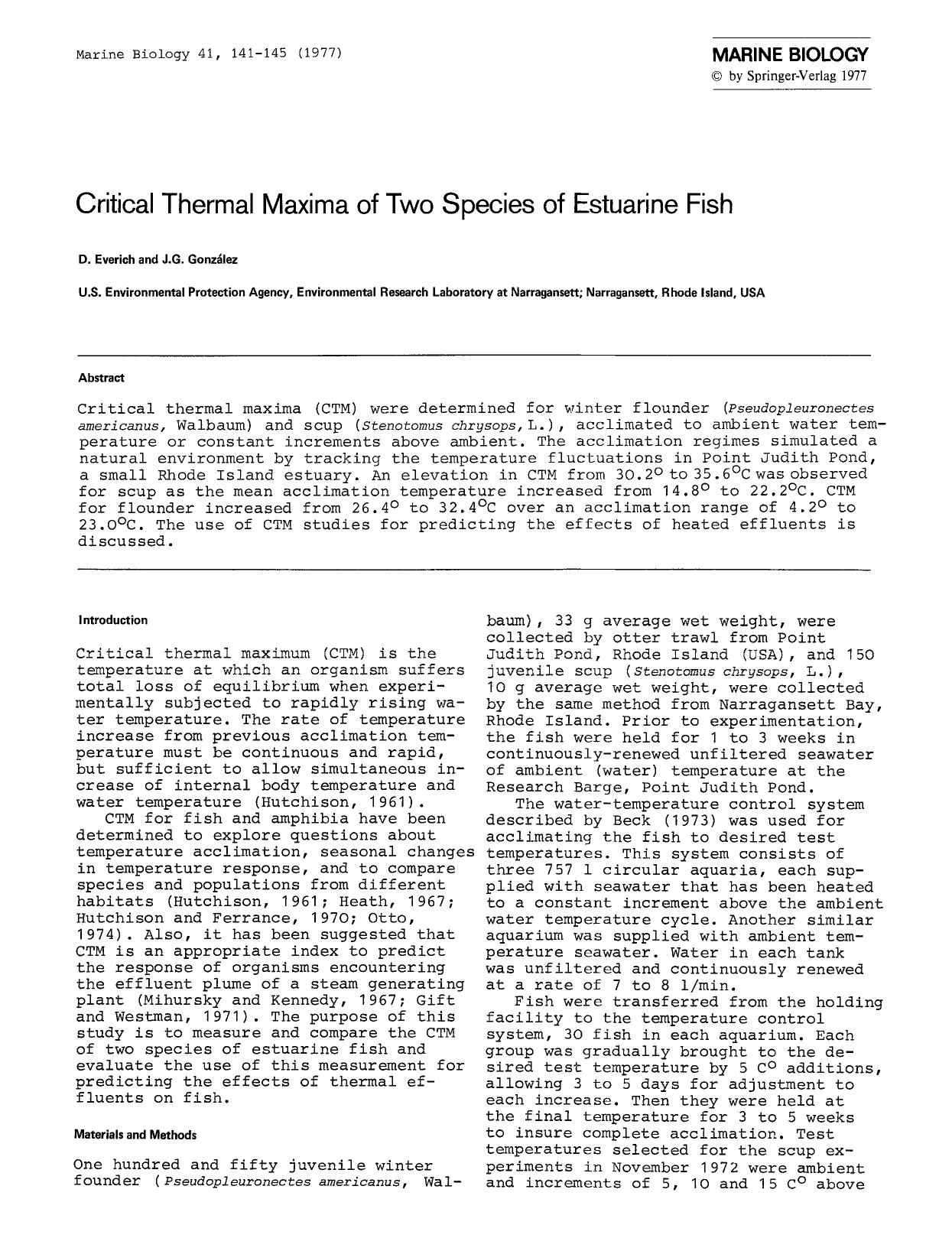 Critical thermal maxima of two species of estuarine fish by Unknown