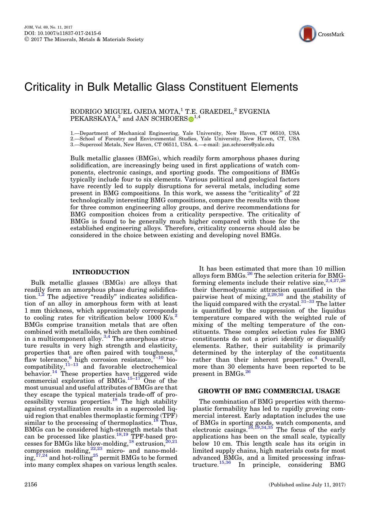 Criticality in Bulk Metallic Glass Constituent Elements by Rodrigo Miguel Ojeda Mota & T. E. Graedel & Evgenia Pekarskaya & Jan Schroers