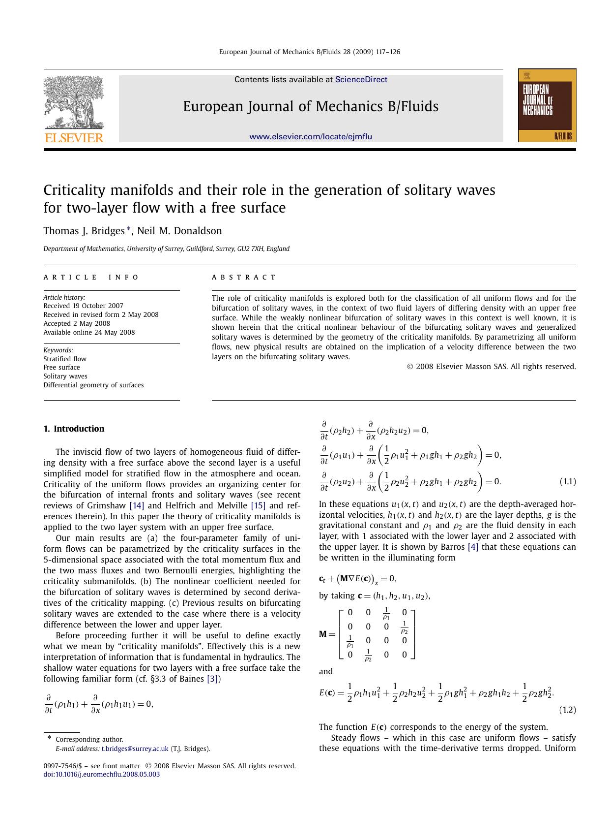 Criticality manifolds and their role in the generation of solitary waves for two-layer flow with a free surface by Thomas J. Bridges; Neil M. Donaldson