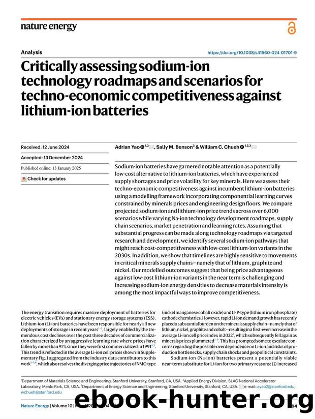 Critically assessing sodium-ion technology roadmaps and scenarios for techno-economic competitiveness against lithium-ion batteries by Adrian Yao & Sally M. Benson & William C. Chueh