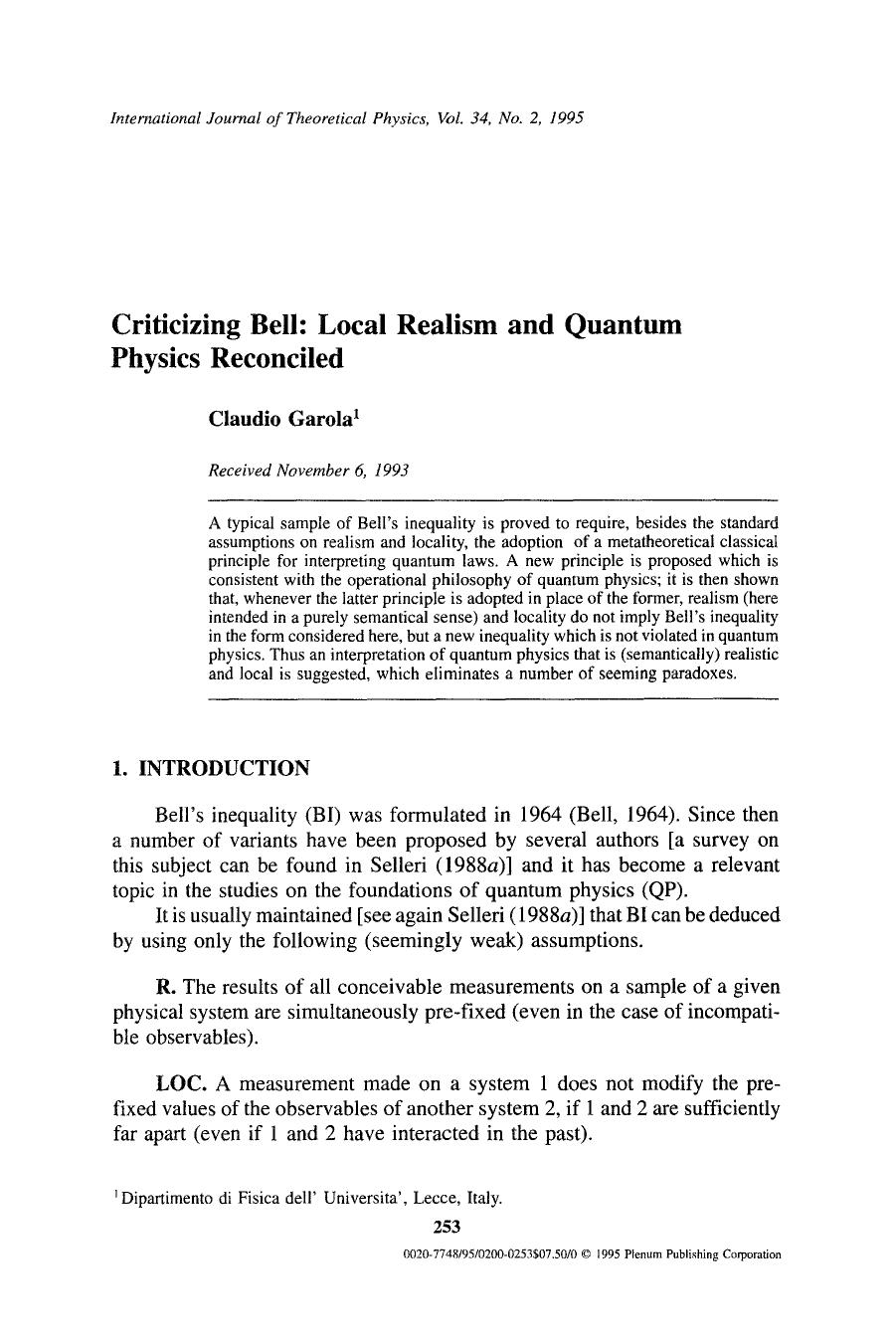 Criticizing Bell: Local realism and quantum physics reconciled by Unknown