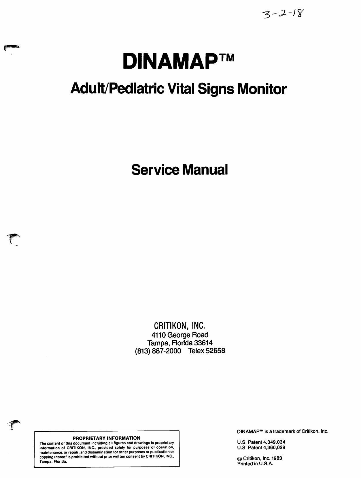 Critikon Dinamap Adult-Pediatric Vital Signs Monitor by Service manual