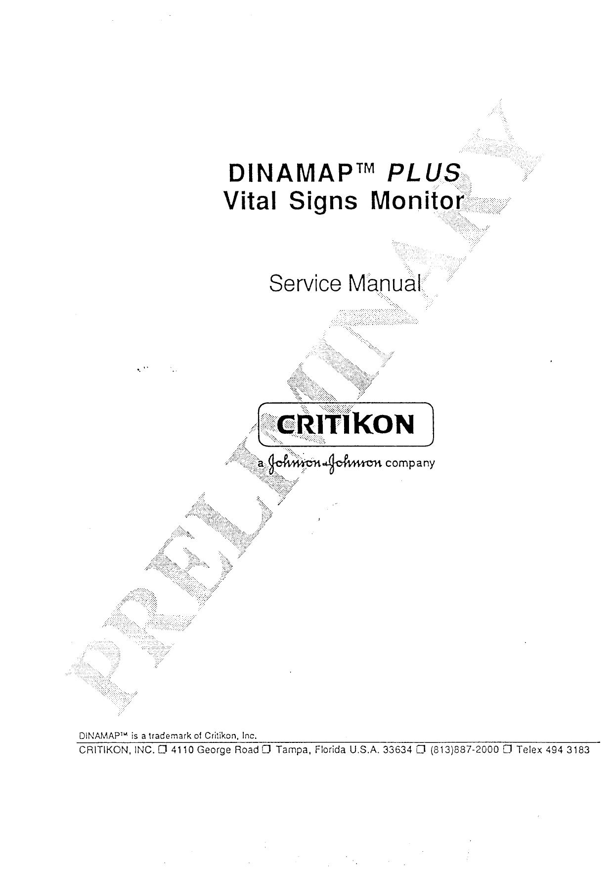Critikon Dinamap Plus Vital Signs Monitor by Service manual