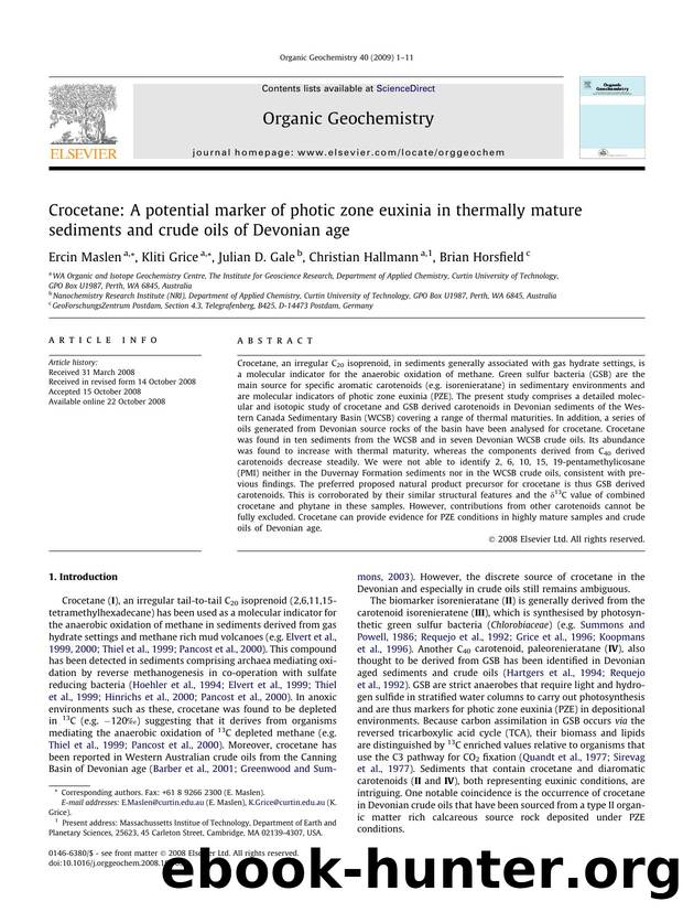 Crocetane: A potential marker of photic zone euxinia in thermally mature sediments and crude oils of Devonian age by Ercin Maslen; Kliti Grice; Julian D. Gale; Christian Hallmann; Brian Horsfield