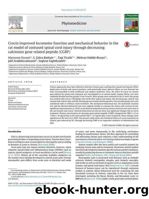 Crocin improved locomotor function and mechanical behavior in the rat model of contused spinal cord injury through decreasing calcitonin gene related peptide (CGRP) by unknow