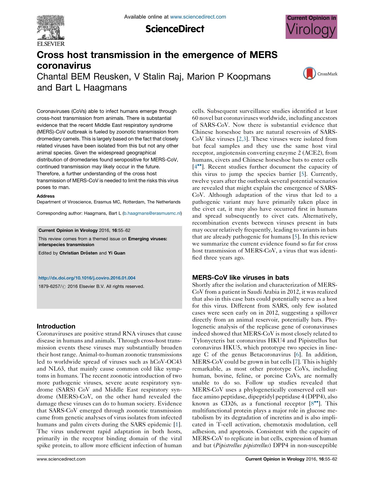Cross host transmission in the emergence of MERS coronavirus by Chantal BEM Reusken & V Stalin Raj & Marion P Koopmans & Bart L Haagmans